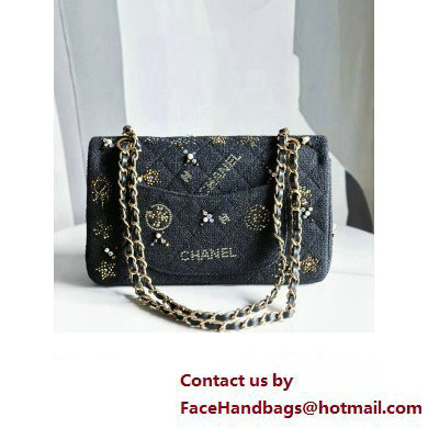 Chanel Embroidered Tweed, Strass, Glass Pearls  &  Gold-Tone Metal Small Classic Handbag A01113 Black 2023